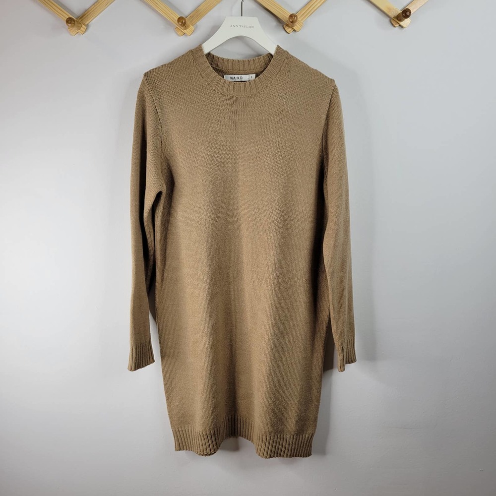 NA-KD Sweater tunic dress side slit tan Small